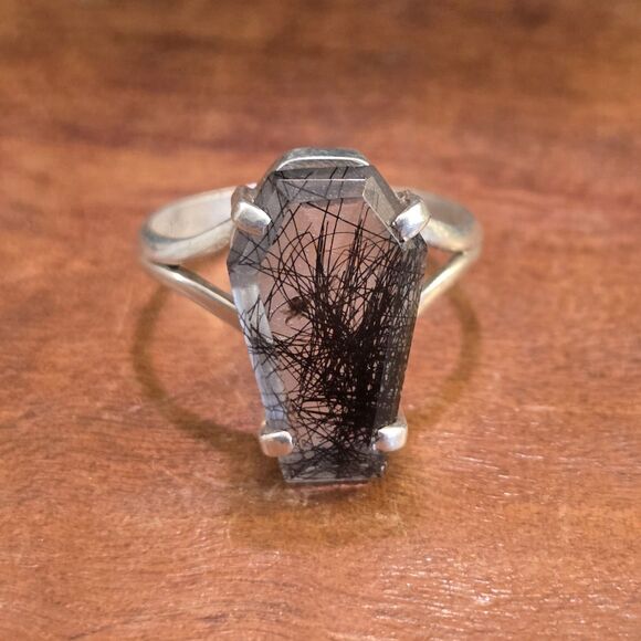 Coffin Shape Black Rutile Gemstone .925 Sterling Silver Ring Size 11 - Picture 1 of 7